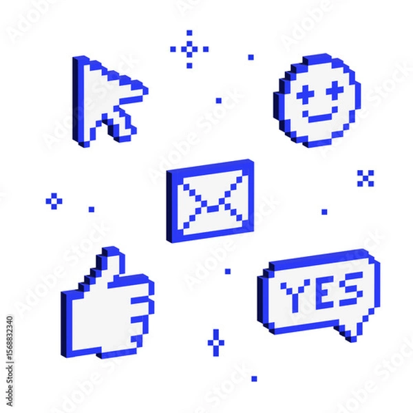 Fototapeta Set of 3d mosaic elements. Isometric 8 bit blue signs. Cyber symbols in y2k futuristic design. Volumetric geometric shapes. Brutalist style. Cursor, emoji, envelope, thumb up, comment.
