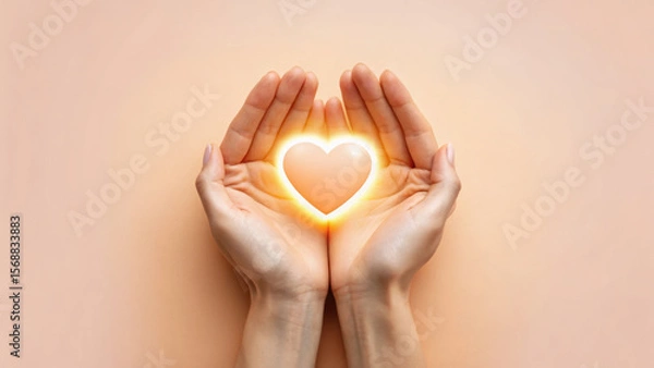 Fototapeta Hands holding a glowing heart on a soft background.