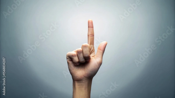 Fototapeta Hand raised with one finger pointing upwards against a soft background.