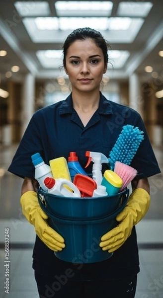 Fototapeta Cleaning Woman Standing Inside a Building Holding a Bucket Filled with Chemicals and Tidying Facilities, vertical orientation.