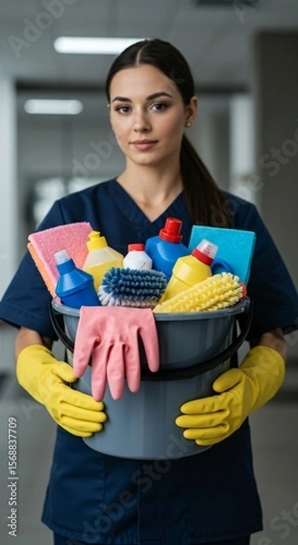 Fototapeta Cleaning Woman Standing Inside a Building Holding a Bucket Filled with Chemicals and Tidying Facilities, vertical orientation.