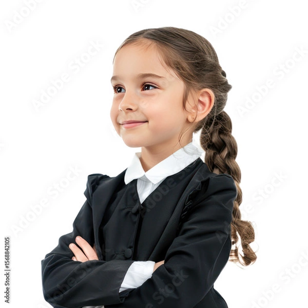 Fototapeta Smiling little girl wearing lawyer uniform standing side view isolate on transparency background