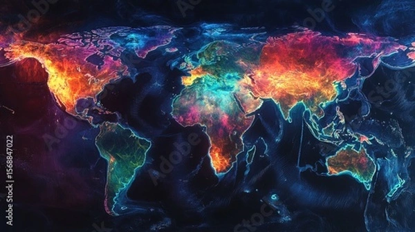 Fototapeta A satellite image showing neon-glowing global trade routes interconnecting continents