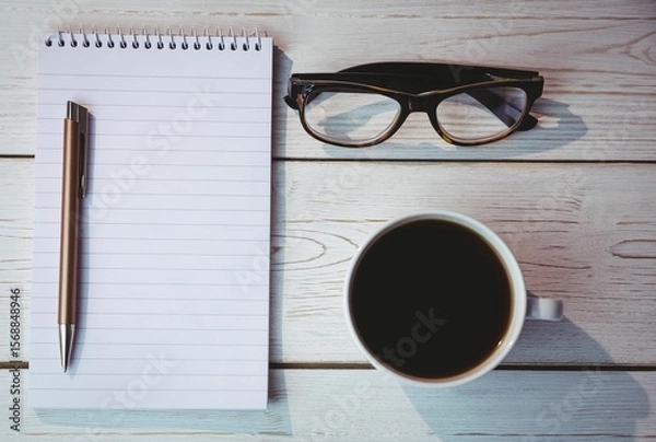 Obraz Notepad by coffee cup and reading glasses