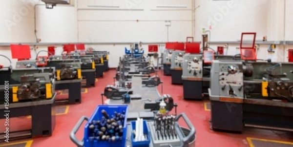 Fototapeta Machine shop flat illustration is showing parallel metal lathes, tool trolley, red shields