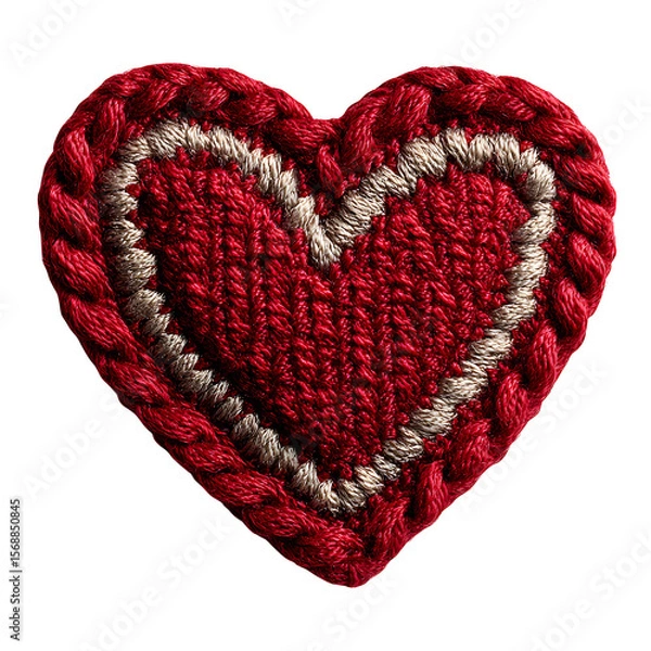 Fototapeta Stylized red crochet heart applique, tight uniform stitching, handmade love symbol with subtle shadow, isolated transparent background with minimal design