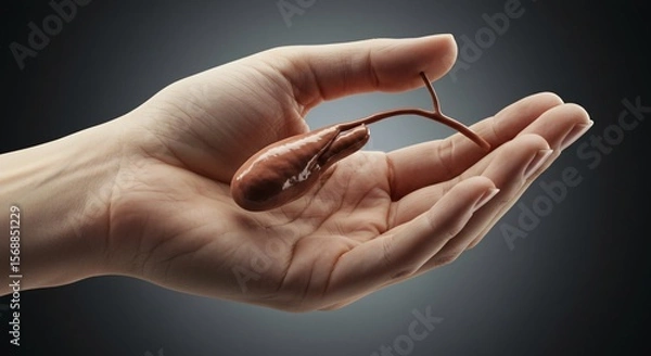 Fototapeta Hand shows and holds human Gallbladder.