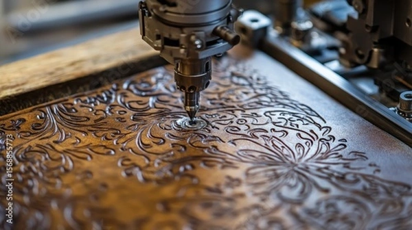 Fototapeta A small, detailed machine crafting intricate patterns on leather for artisanal goods.