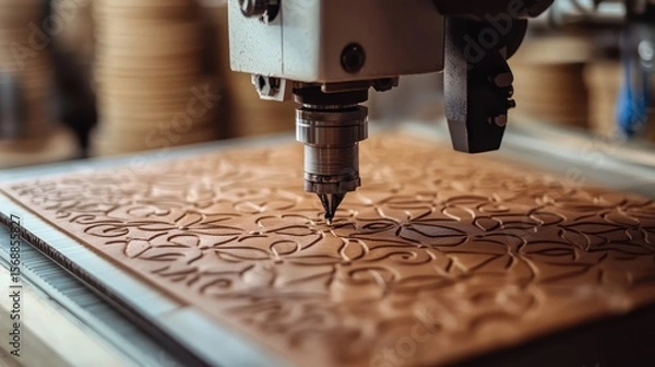 Fototapeta A small, detailed machine crafting intricate patterns on leather for artisanal goods.