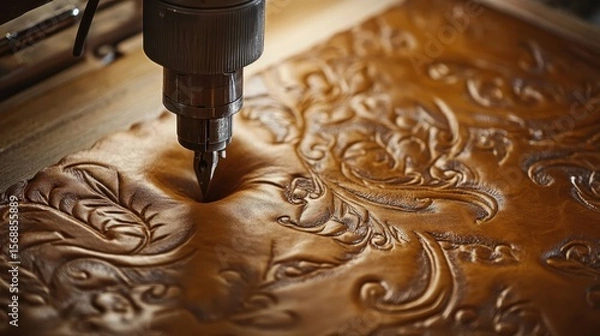 Obraz A small, detailed machine crafting intricate patterns on leather for artisanal goods.
