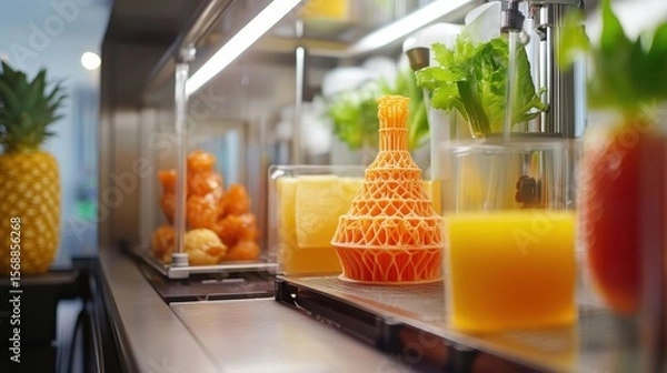 Fototapeta A vibrant food lab showcasing advanced 3D printing machines and innovative edible designs.