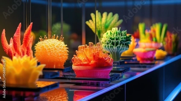 Fototapeta A vibrant food lab showcasing advanced 3D printing machines and innovative edible designs.