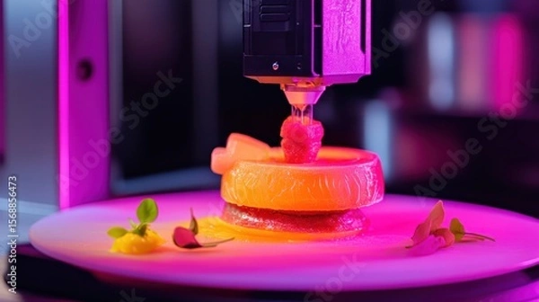 Fototapeta A vibrant image of a 3D food printer crafting a gourmet dish layer by layer.