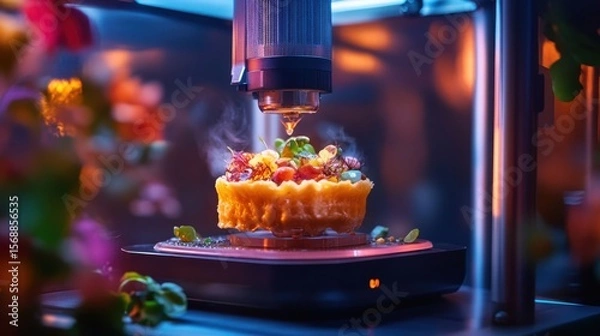 Obraz A vibrant image of a 3D food printer crafting a gourmet dish layer by layer.