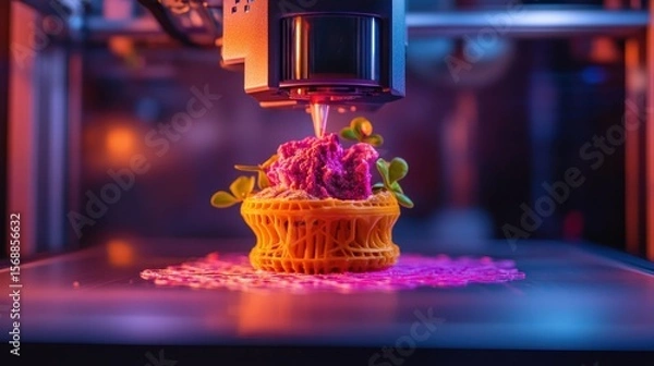 Fototapeta A vibrant image of a 3D food printer crafting a gourmet dish layer by layer.