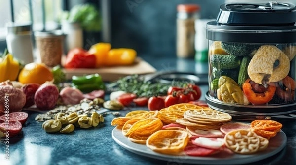 Obraz A vibrant photo of a desktop food dehydrator preparing healthy snacks at home.