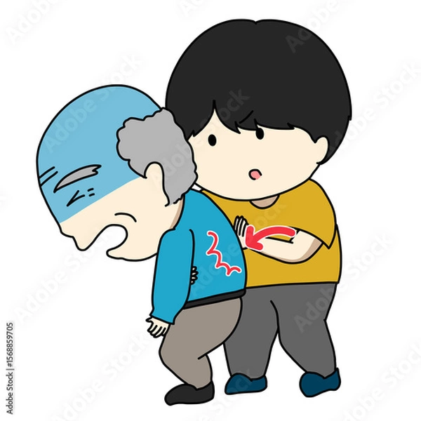 Fototapeta 誤嚥で窒息しそうになっている高齢者に背部叩打法をしている介護士のイラスト