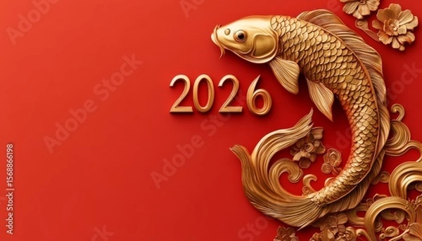 Fototapeta 3D text "2026" with chinese style. luxury gold koi carp fish on red chinese background with copy space