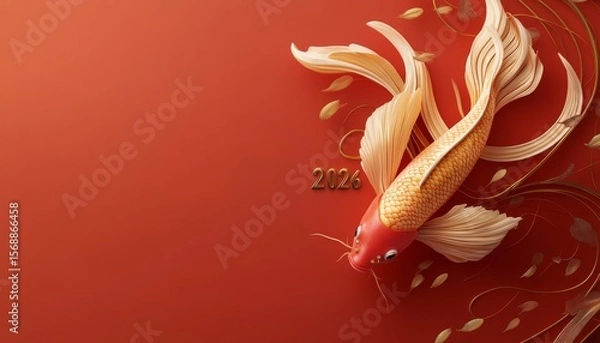 Fototapeta 3D text "2026" with chinese style. luxury gold koi carp fish on red chinese background with copy space