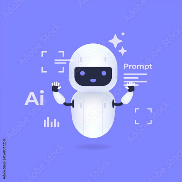 Obraz Robot cartoon character representing AI technology with speech elements against a purple background illustration.
