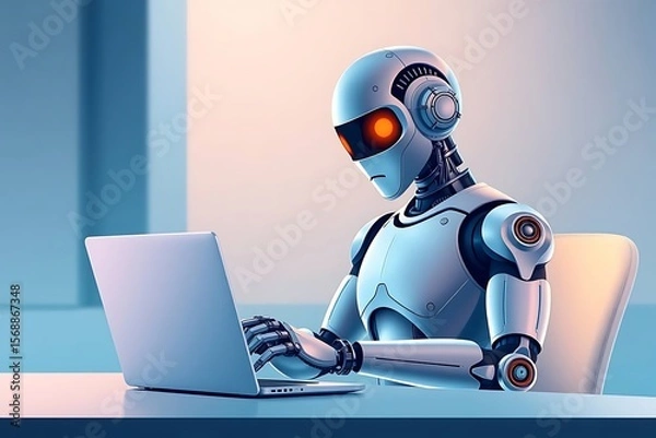 Fototapeta futuristic humanoid robot working on a laptop in a modern tech environment, symbolizing digital transformation, artificial intelligence, and advanced machine learning.