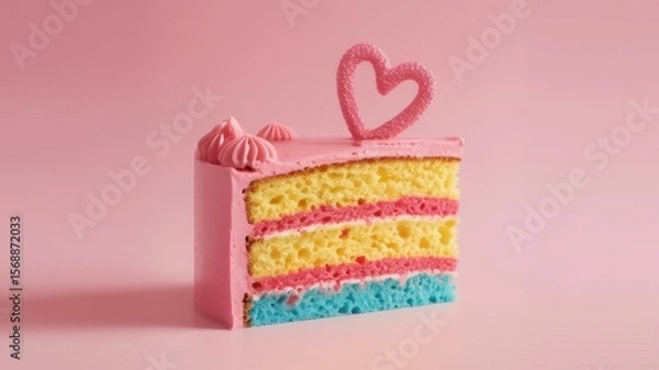 Fototapeta Colorful layered cake with heart decoration on soft pink background