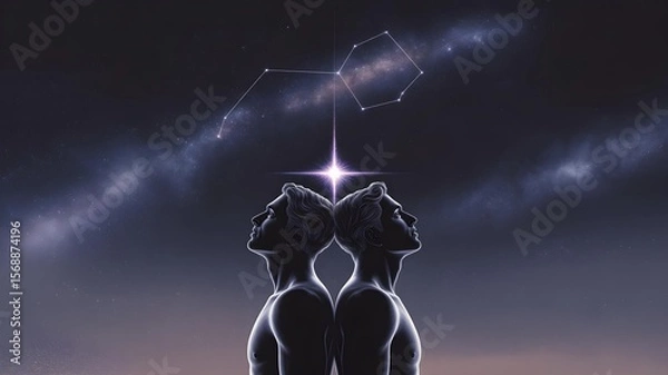 Fototapeta Castor and Pollux Silhouettes Under Gemini Constellation in Starry Sky