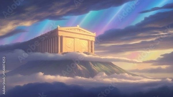 Fototapeta Mount Olympus with Golden Temple Above Swirling Clouds and Aurora Sky