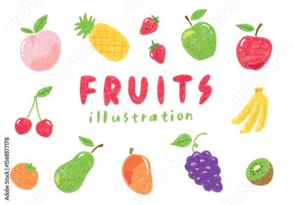 Obraz かわいいフルーツの手描きイラスト素材セット