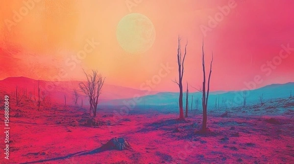 Fototapeta A Mars-like barren land with a holographic overlay of possible reforestation