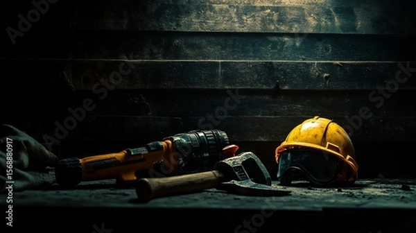 Obraz Construction Tools and Equipment Ready for Work on a Wooden Surface Under Dramatic Lighting