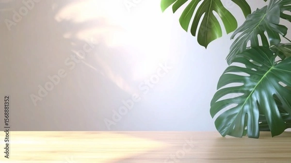Obraz Minimalist background with a wooden surface, light and shadows and monstera leaves