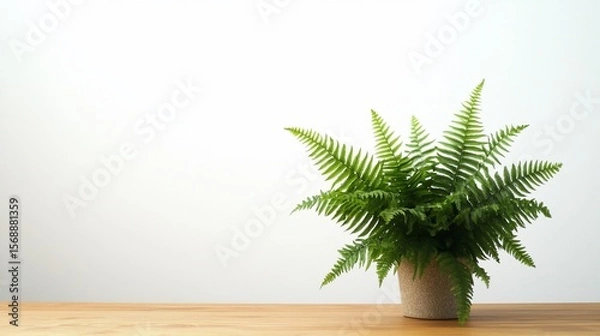 Obraz Potted green fern on a wooden table with a plain white background showcasing simplicity