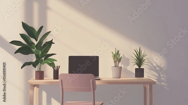 Obraz Work From Home Setup with Minimalist Design Featuring Plants and Laptop on a Table