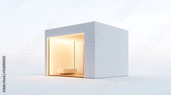 Obraz Minimalist architectural cube with internal warm lighting and floating shelf on white background