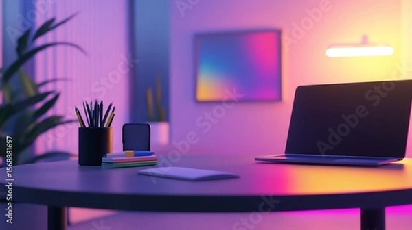 Obraz Workspace in soft purple and yellow lighting showing laptop, pens, and desk objects