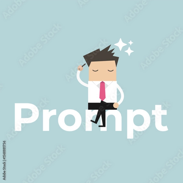 Obraz Businessman sitting on the word prompt with a thoughtful expression illustrating creativity and innovation in the workplace cartoon illustration.