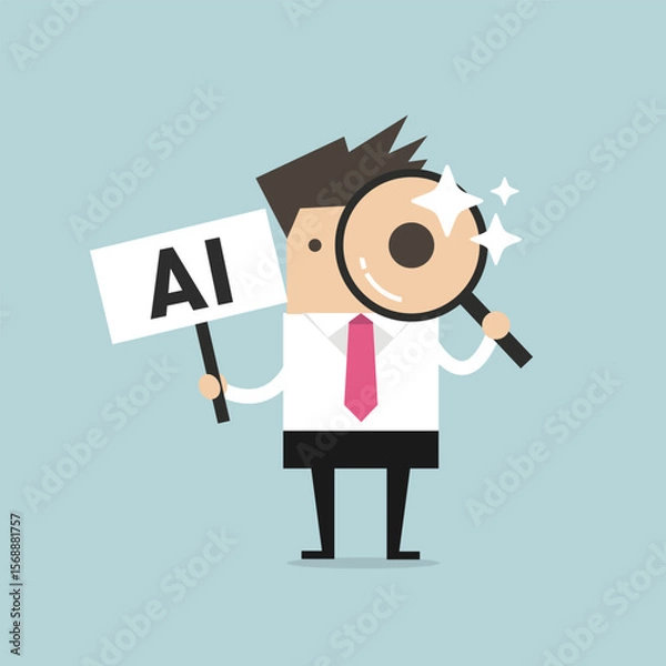 Obraz Businessman holding a magnifying glass and a sign promoting artificial intelligence cartoon illustration.
