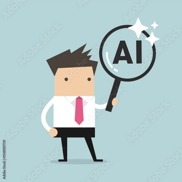 Obraz Businessman examining artificial intelligence concept with a magnifying glass in cartoon illustration.