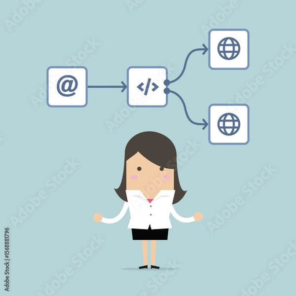 Obraz Businesswoman representation of workflow automation concept cartoon illustration.