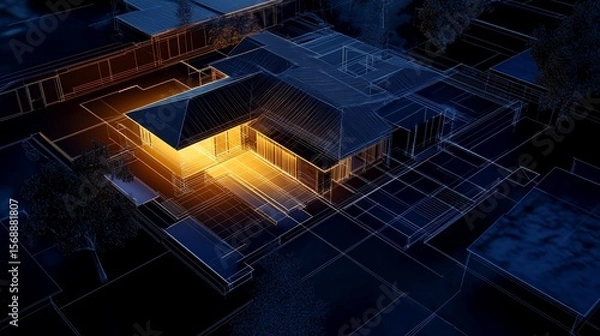Obraz 3D rendering of house blueprint at night with warm glowing light from interior of building