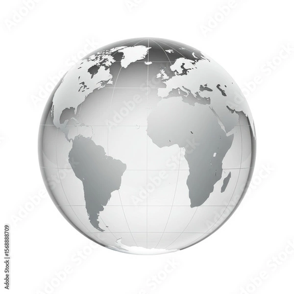 Fototapeta A detailed illustration of a globe showcasing continents in grayscale with a plain background