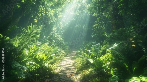 Fototapeta Exploring a serene nature trail lush forest high-quality image bright sunlight close-up view tranquility and adventure