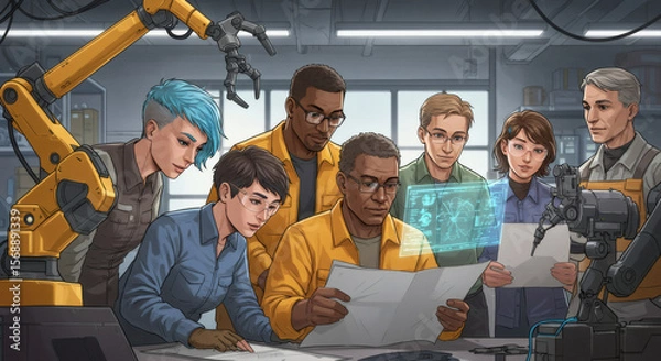 Fototapeta Diverse Team of Engineers Collaborating on Futuristic Project