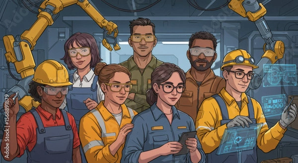 Fototapeta Diverse Team of Skilled Industrial Workers and Engineers Collaborating with Advanced Robotics