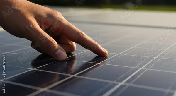 Fototapeta Sustainable Energy Close-up of Hand Pointing at Solar Panel