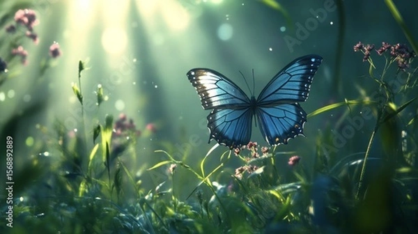 Fototapeta A single blue butterfly with white markings sits on a pink flower in a field of green grass with sunlight shining through the leaves.
