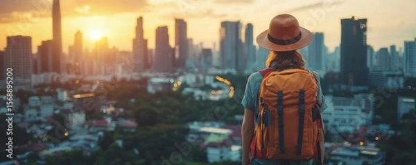 Fototapeta Backpacker journey destination concept, young tourism student traveling on a city tour in Southeast Asia during the summer vacation trip, Generative AI