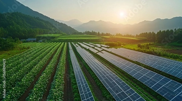 Fototapeta A beautiful countryside with automated solar-powered farming technology
