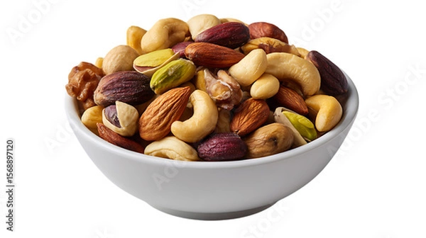 Fototapeta A white bowl filled with a variety of mixed nuts including almonds cashews pistachios and walnuts isolated on transparent background